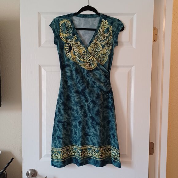 EUC Athleta "Nectar" Tattooed/Tie Dye Surplice Faux Wrap Midi Dress - Picture 2 of 6
